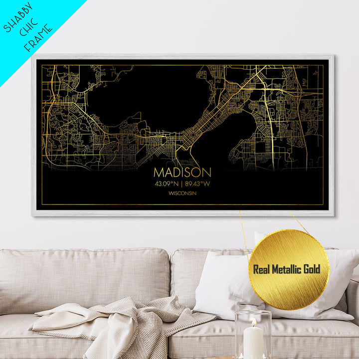 Madison Wisconsin City Poster, Metallic Gold Art, Metal Art, real wood frames, black and gold, Travel Poster, Minimalist Wall Art