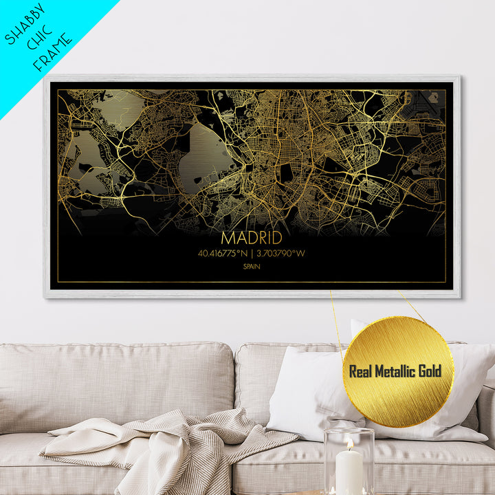 Madrid Spain City street map, Metallic Gold Print, Metal Art, wood framed map, black and gold, Street Map Wall Art, College Dorm Décor