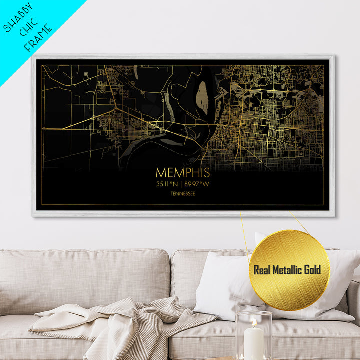 Memphis Tennessee City Poster, Metallic Gold Art, Metal Art, real wood frames, black and gold, Street Map Art, Housewarming Gift