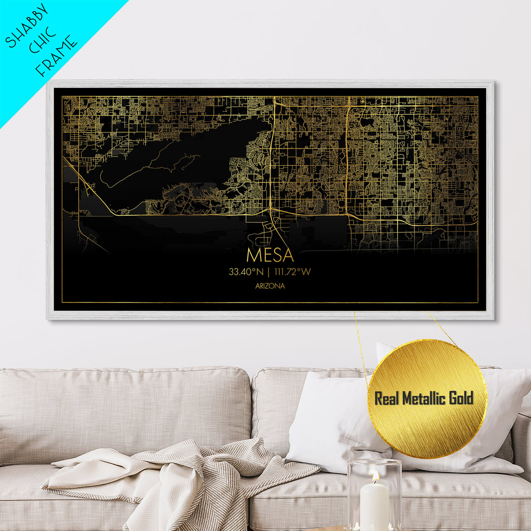 Mesa Arizona City street map, Metallic Gold Print, Metal Art, wood framed map, black and gold, Modern Wall Art, Street Map Wall Art