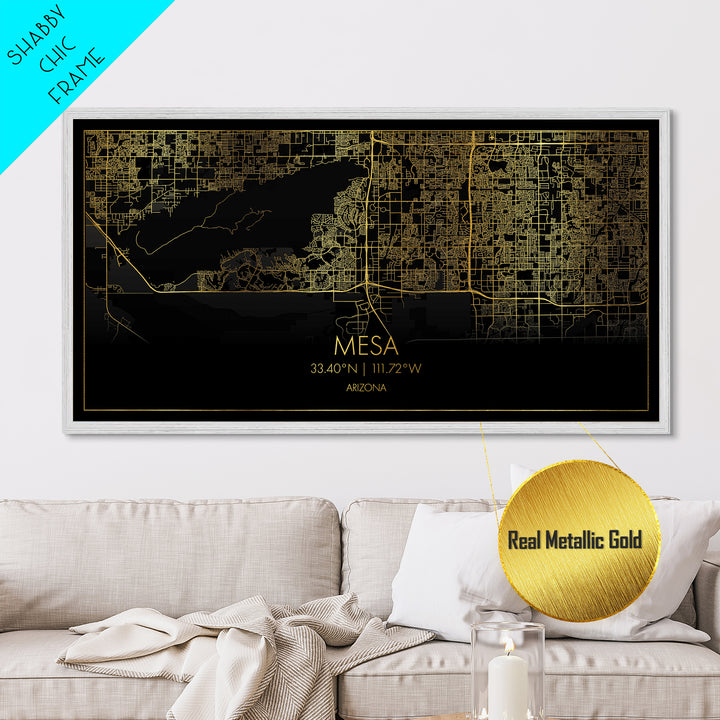 Mesa Arizona City street map, Metallic Gold Print, Metal Art, wood framed map, black and gold, Modern Wall Art, Street Map Wall Art
