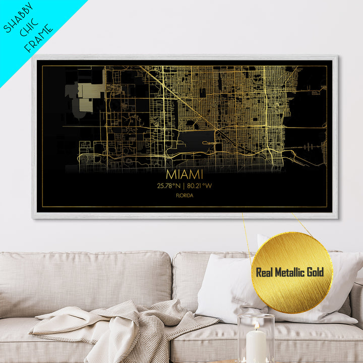 Miami Florida City Poster, Metallic Gold Art, Metal Art, real wood frames, black and gold, Street Map Art, Map Print Poster