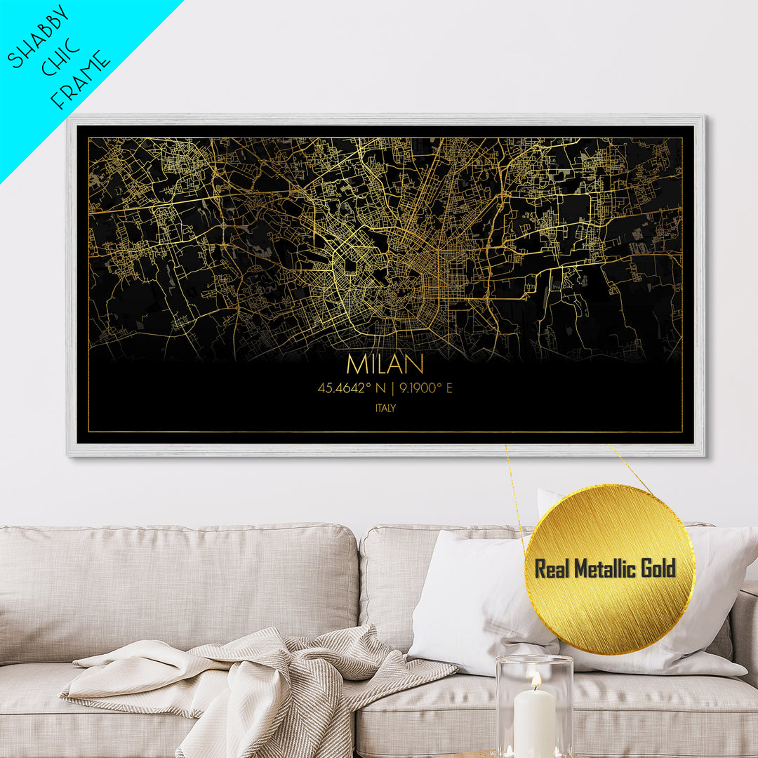 Milan Italy City street map, Metallic Gold Print, Metal Art, wood framed map, black and gold, Street Map Wall Art, Best Friend Gifts