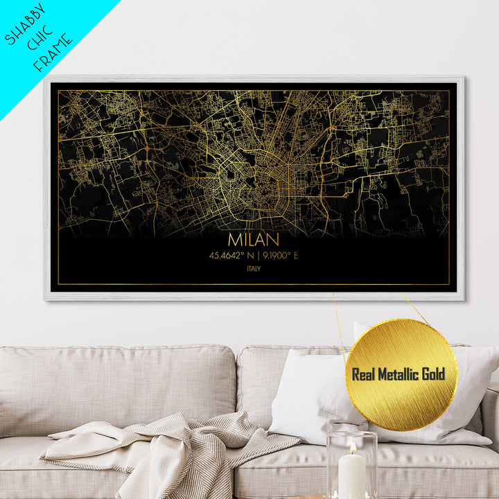 Milan Italy City street map, Metallic Gold Print, Metal Art, wood framed map, black and gold, Street Map Wall Art, Best Friend Gifts