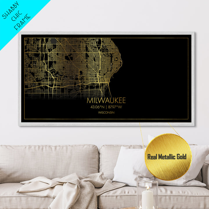 Milwaukee Wisconsin City Poster, Metallic Gold Art, Metal Art, real wood frames, black and gold, Street Map Art, Map Art