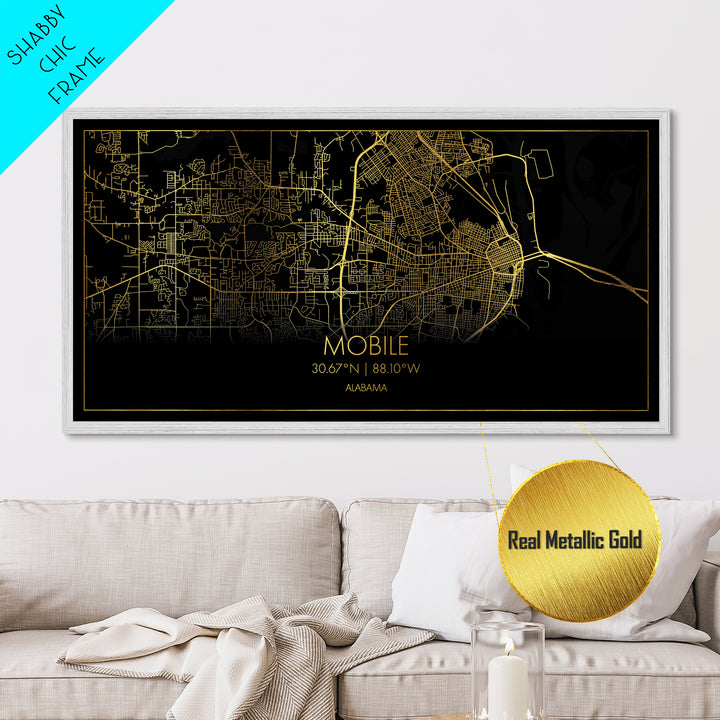 Mobile Alabama City Poster, Metallic Gold Art, Metal Art, real wood frames, black and gold, Street Map Art, Housewarming Gift