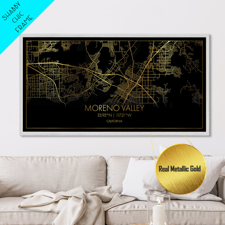 Moreno Valley California City street map, Metallic Gold Print, Metal Art, wood framed map, black and gold, Street Map Wall Art, Best Friend Gifts