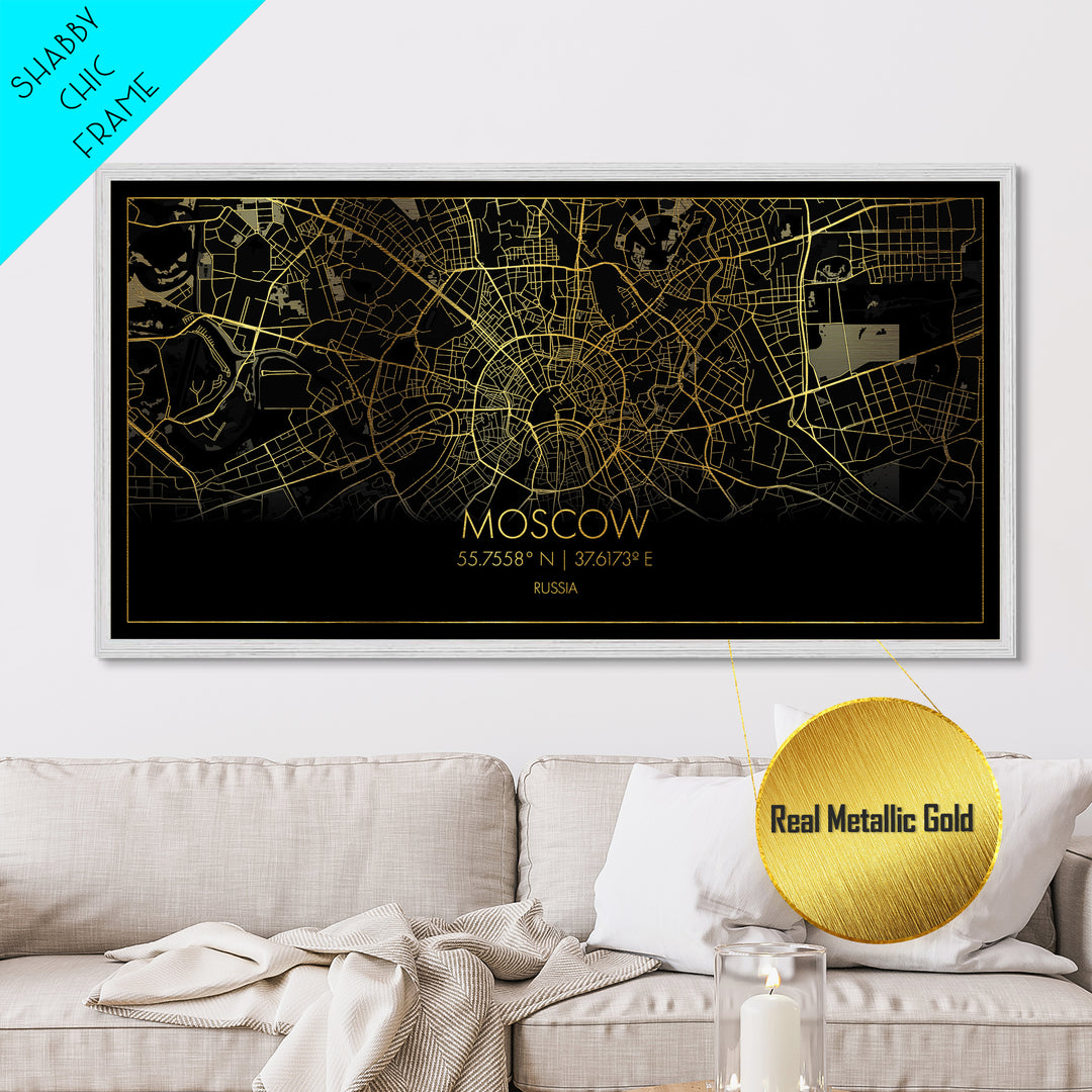Moscow Russia City Poster, Metallic Gold Art, Metal Art, real wood frames, black and gold, Street Map Art, College Dorm Décor