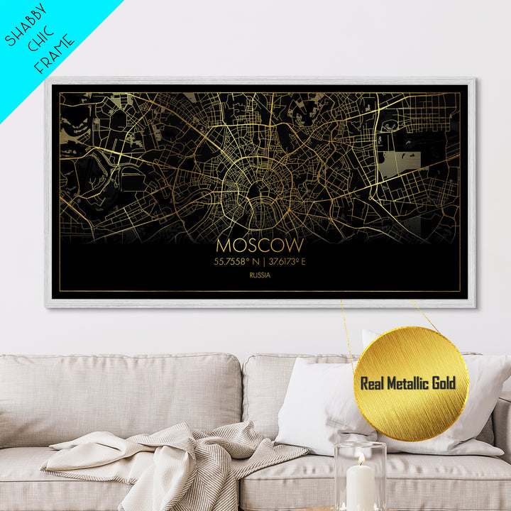 Moscow Russia City Poster, Metallic Gold Art, Metal Art, real wood frames, black and gold, Street Map Art, College Dorm Décor