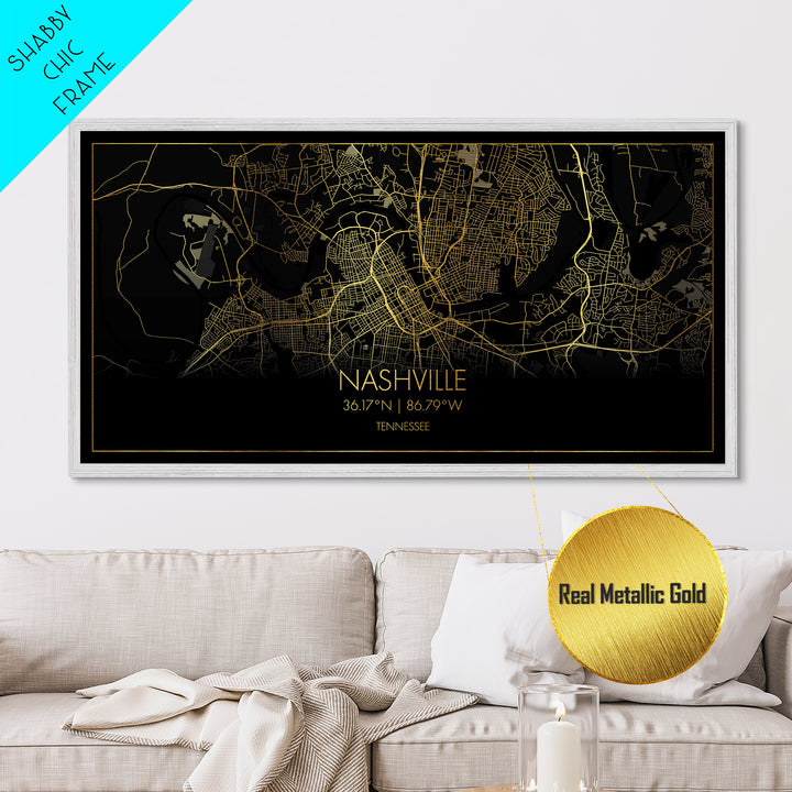 Nashville Tennessee City Poster, Metallic Gold Art, Metal Art, real wood frames, black and gold, Street Map Art, Map Art
