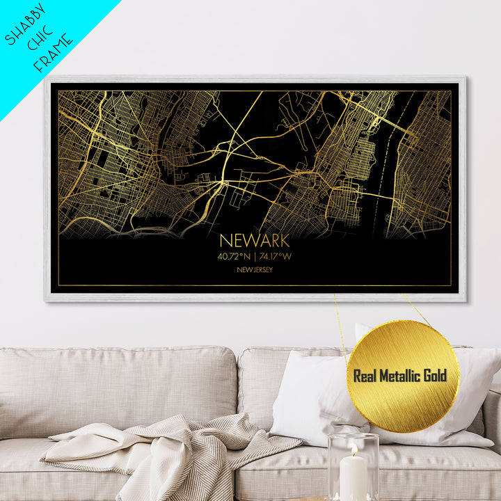 Newark New Jersey City street map, Metallic Gold Print, Metal Art, wood framed map, black and gold, Street Map Wall Art, Office Decor