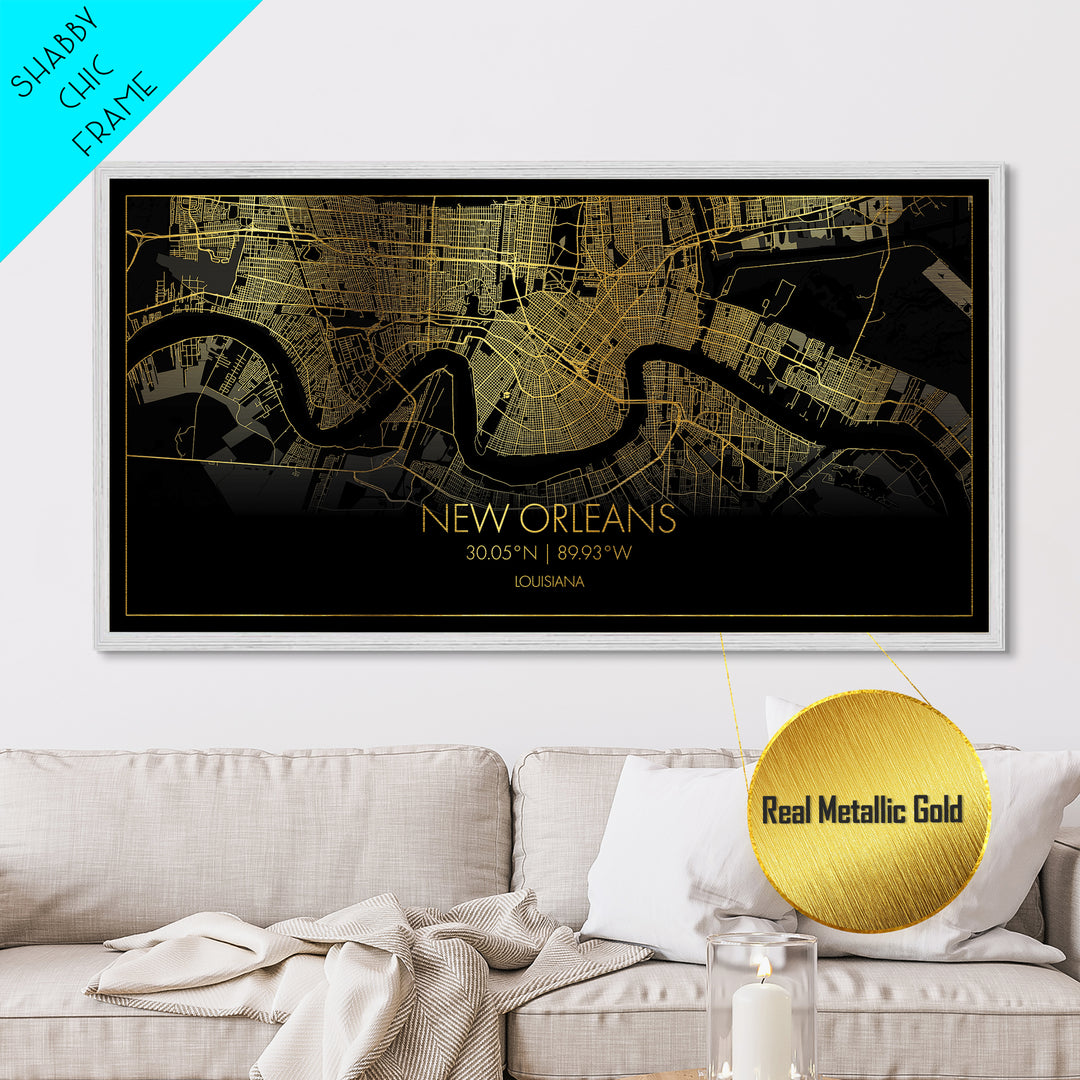 New Orleans Louisiana City Poster, Metallic Gold Art, Metal Art, real wood frames, black and gold, Street Map Art, Housewarming Gift