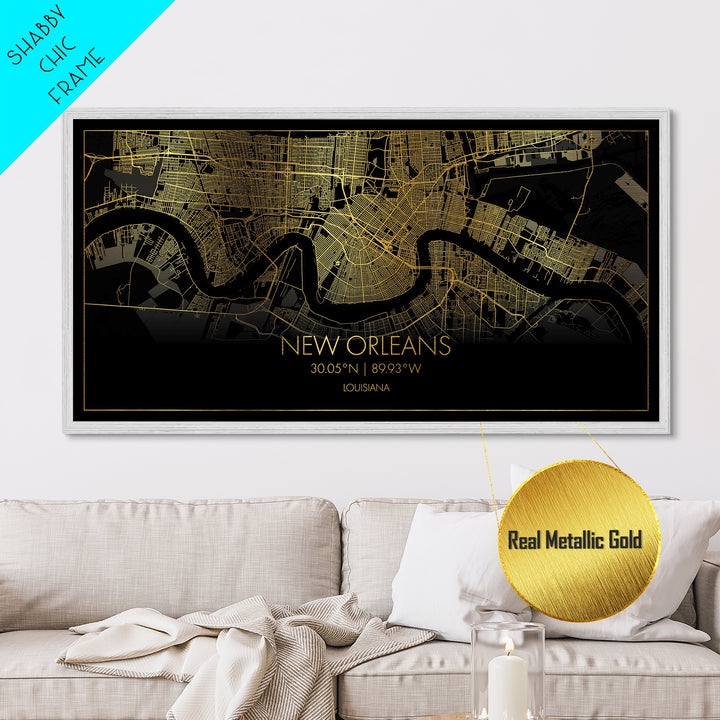 New Orleans Louisiana City Poster, Metallic Gold Art, Metal Art, real wood frames, black and gold, Street Map Art, Housewarming Gift