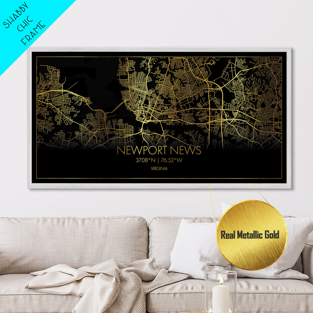 Newport News Virginia City street map, Metallic Gold Print, Metal Art, wood framed map, black and gold, Street Map Wall Art, Travel Poster