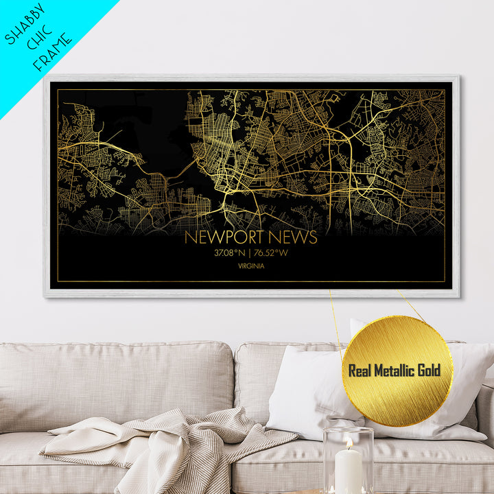 Newport News Virginia City street map, Metallic Gold Print, Metal Art, wood framed map, black and gold, Street Map Wall Art, Travel Poster