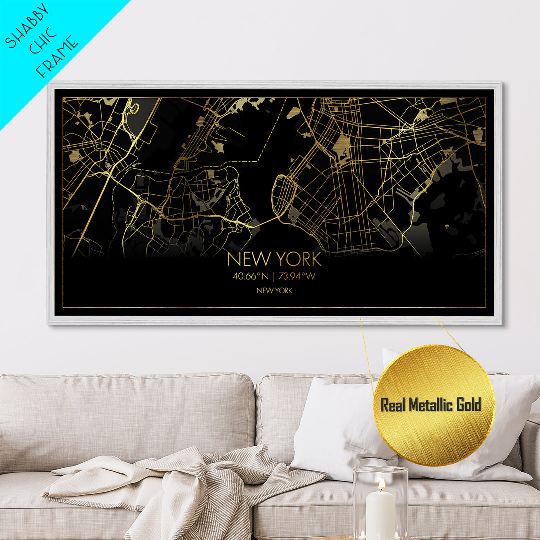 New York New York City Poster, Metallic Gold Art, Metal Art, real wood frames, black and gold, Street Map Art, College Dorm Décor