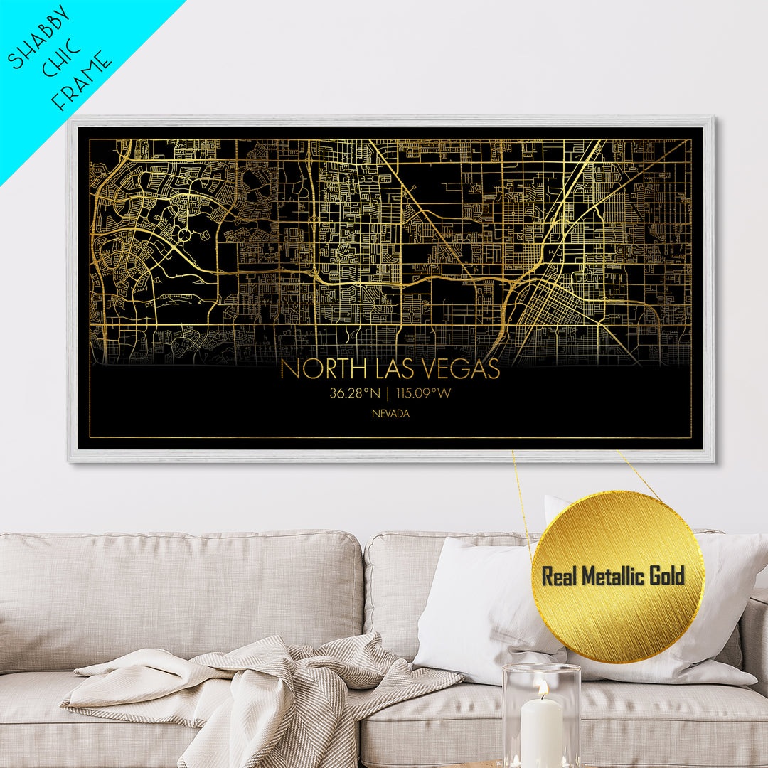North Las Vegas Nevada City Poster, Metallic Gold Art, Metal Art, real wood frames, black and gold, Street Map Art, Modern House Art
