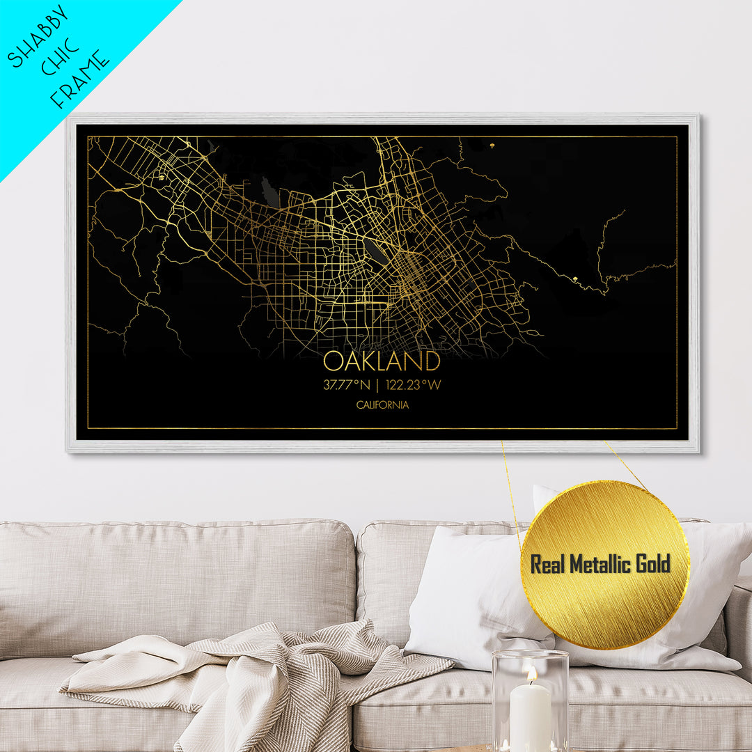 Oakland California City street map, Metallic Gold Print, Metal Art, wood framed map, black and gold, Street Map Wall Art, Office Decor