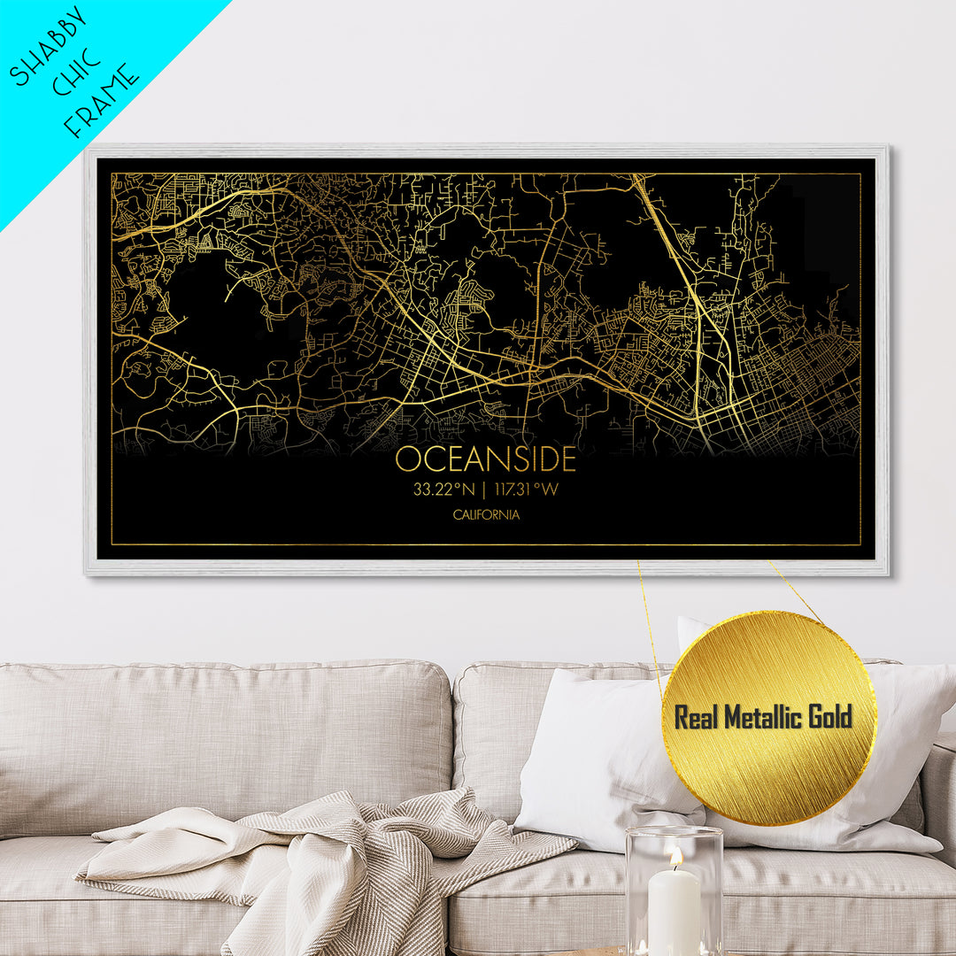 Oceanside California City Poster, Metallic Gold Art, Metal Art, real wood frames, black and gold, Street Map Art, Housewarming Gift