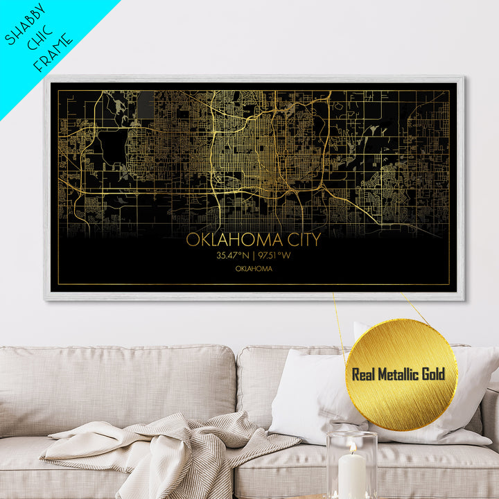 Oklahoma City Oklahoma City street map, Metallic Gold Print, Metal Art, wood framed map, black and gold, Street Map Wall Art, Travel Poster