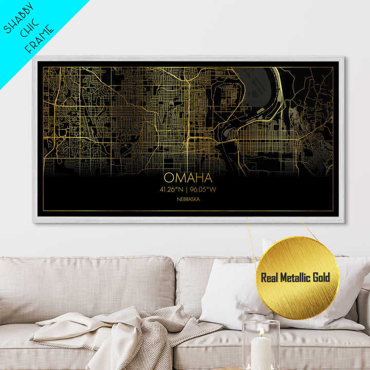 Omaha Nebraska City Poster, Metallic Gold Art, Metal Art, real wood frames, black and gold, Street Map Art, Best Friend Gifts