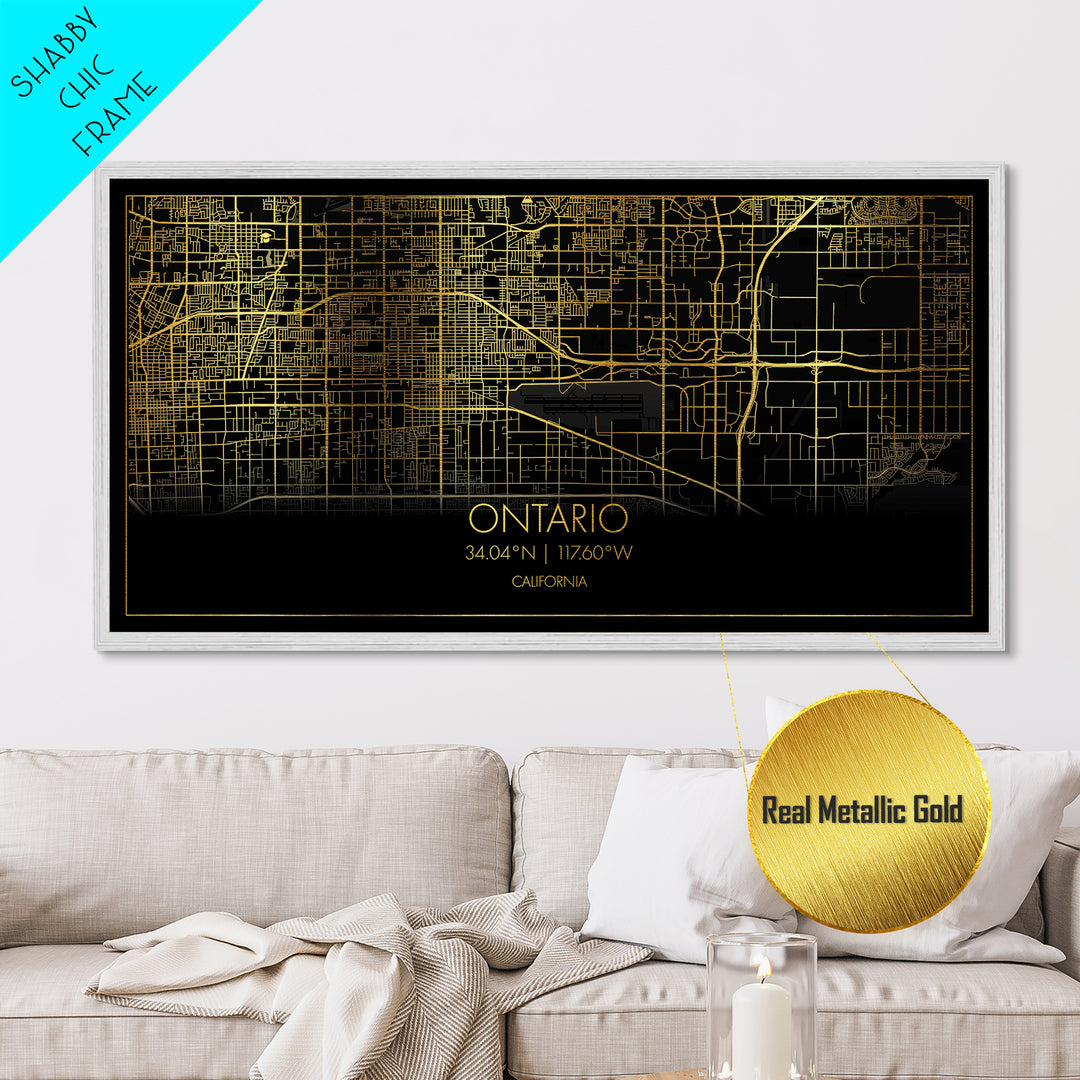 Ontario California City street map, Metallic Gold Print, Metal Art, wood framed map, black and gold, Street Map Wall Art, Minimalist Wall Art