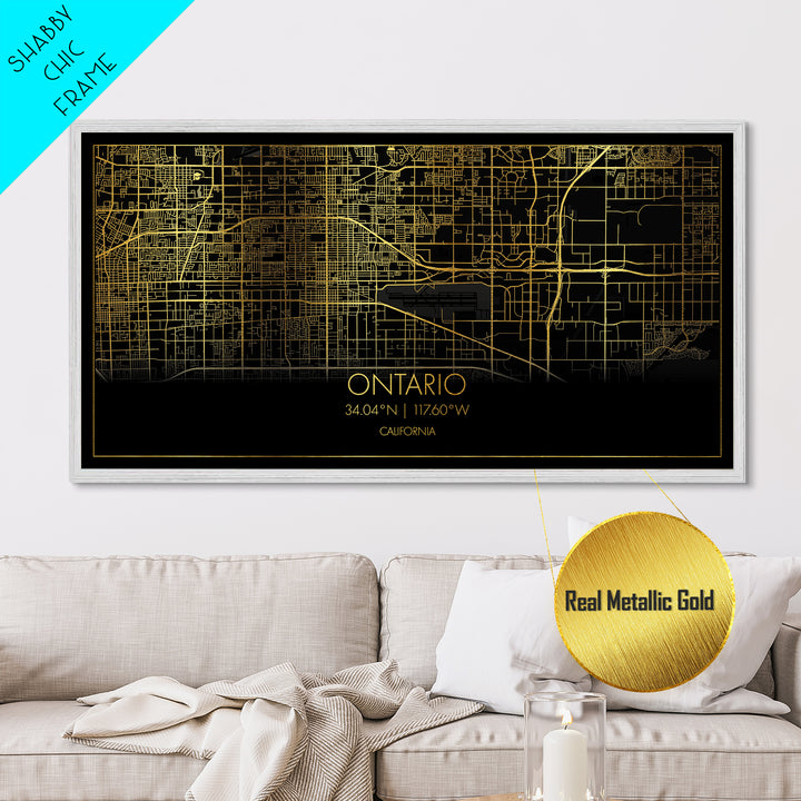 Ontario California City street map, Metallic Gold Print, Metal Art, wood framed map, black and gold, Street Map Wall Art, Minimalist Wall Art