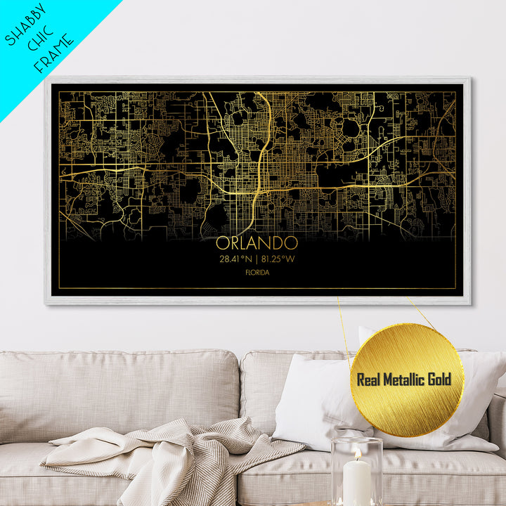 Orlando Florida City Poster, Metallic Gold Art, Metal Art, real wood frames, black and gold, Street Map Art, Modern Wall Art