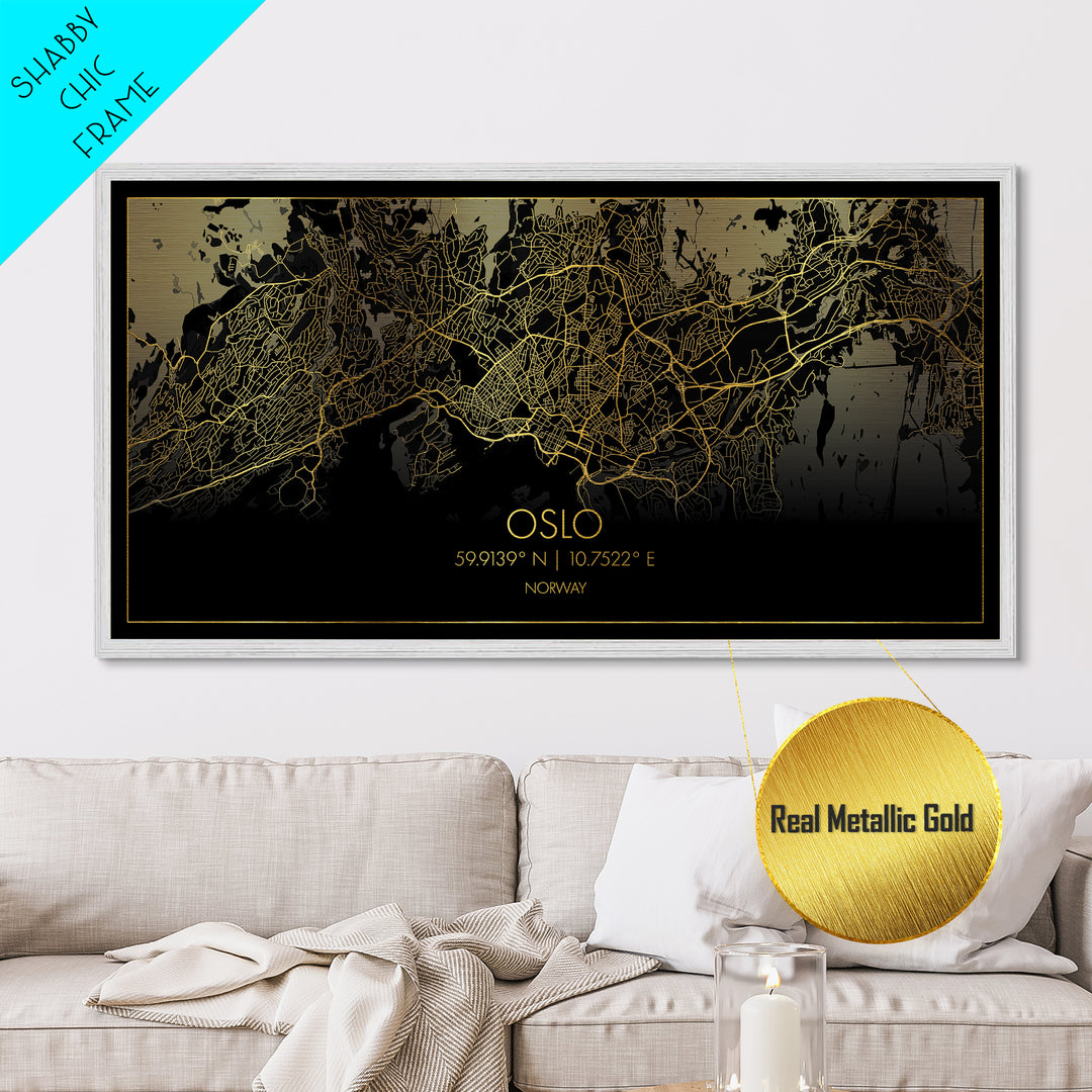 Oslo Norway City street map, Metallic Gold Print, Metal Art, wood framed map, black and gold, Street Map Art, Minimalist Wall Art