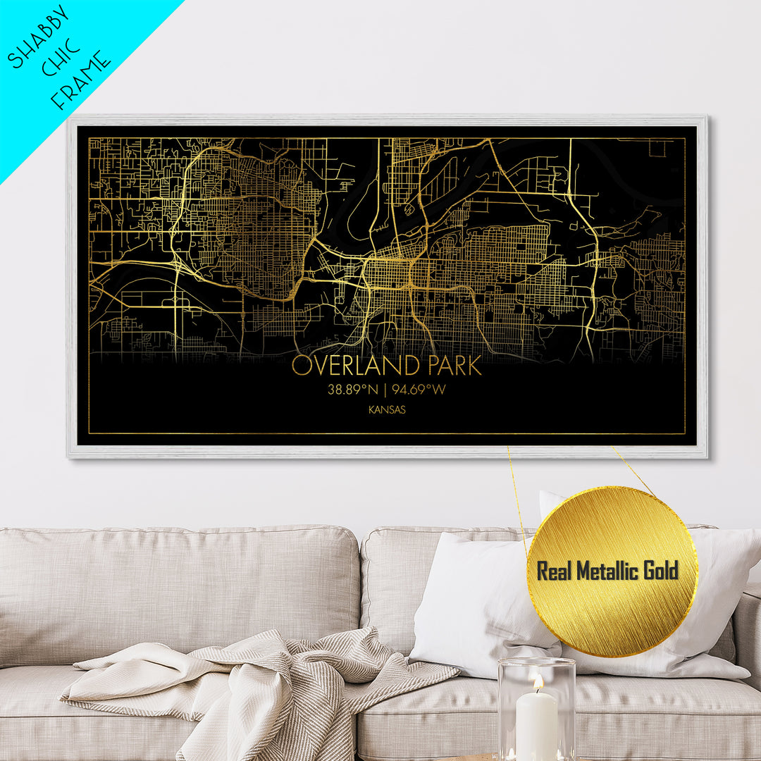 Overland Park Kansas City Poster, Metallic Gold Art, Metal Art, real wood frames, black and gold, Street Map Wall Art, Modern Wall Art