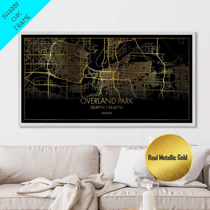 Overland Park Kansas City Poster, Metallic Gold Art, Metal Art, real wood frames, black and gold, Street Map Wall Art, Modern Wall Art