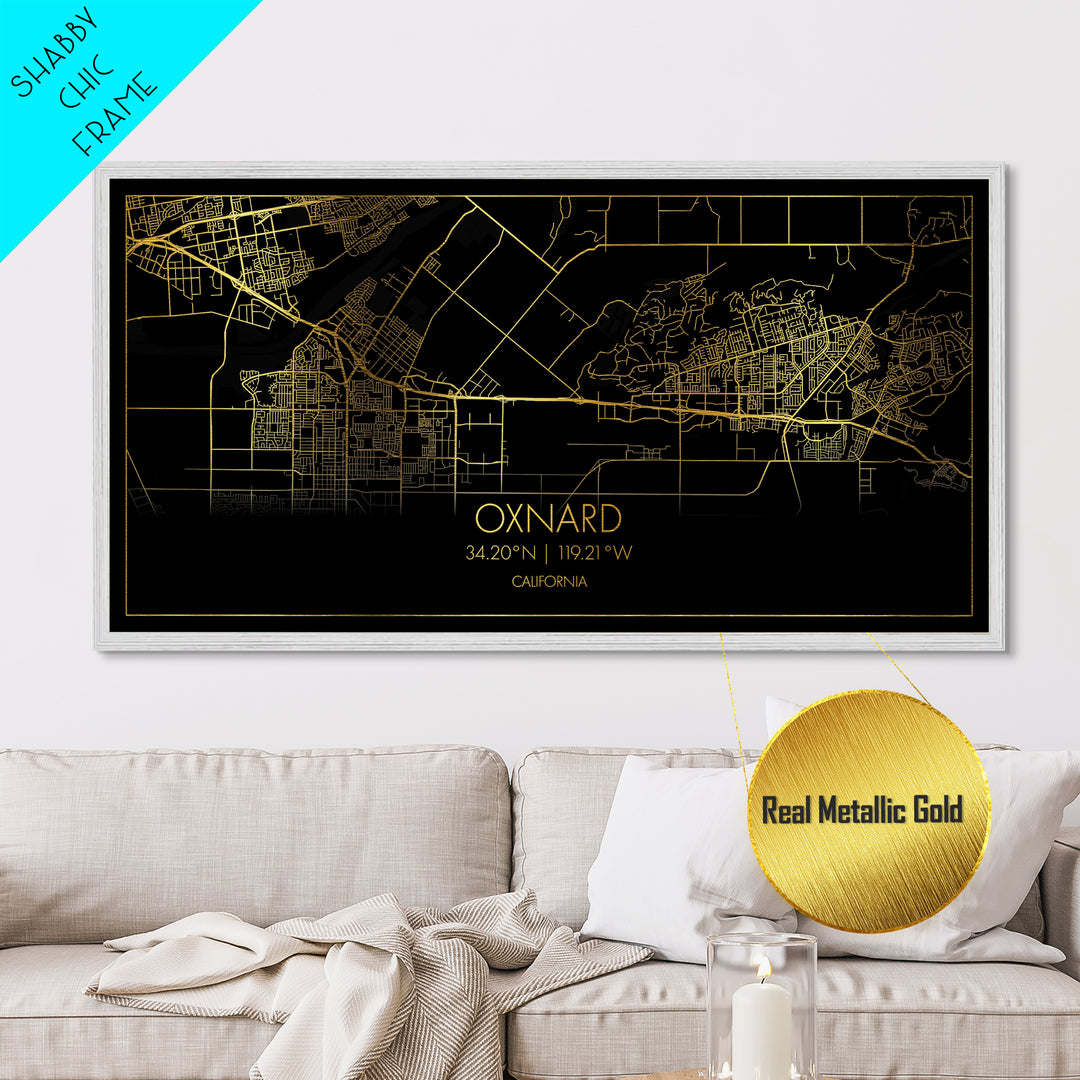 Oxnard California City street map, Metallic Gold Print, Metal Art, wood framed map, black and gold, Street Map Art, Housewarming Gift