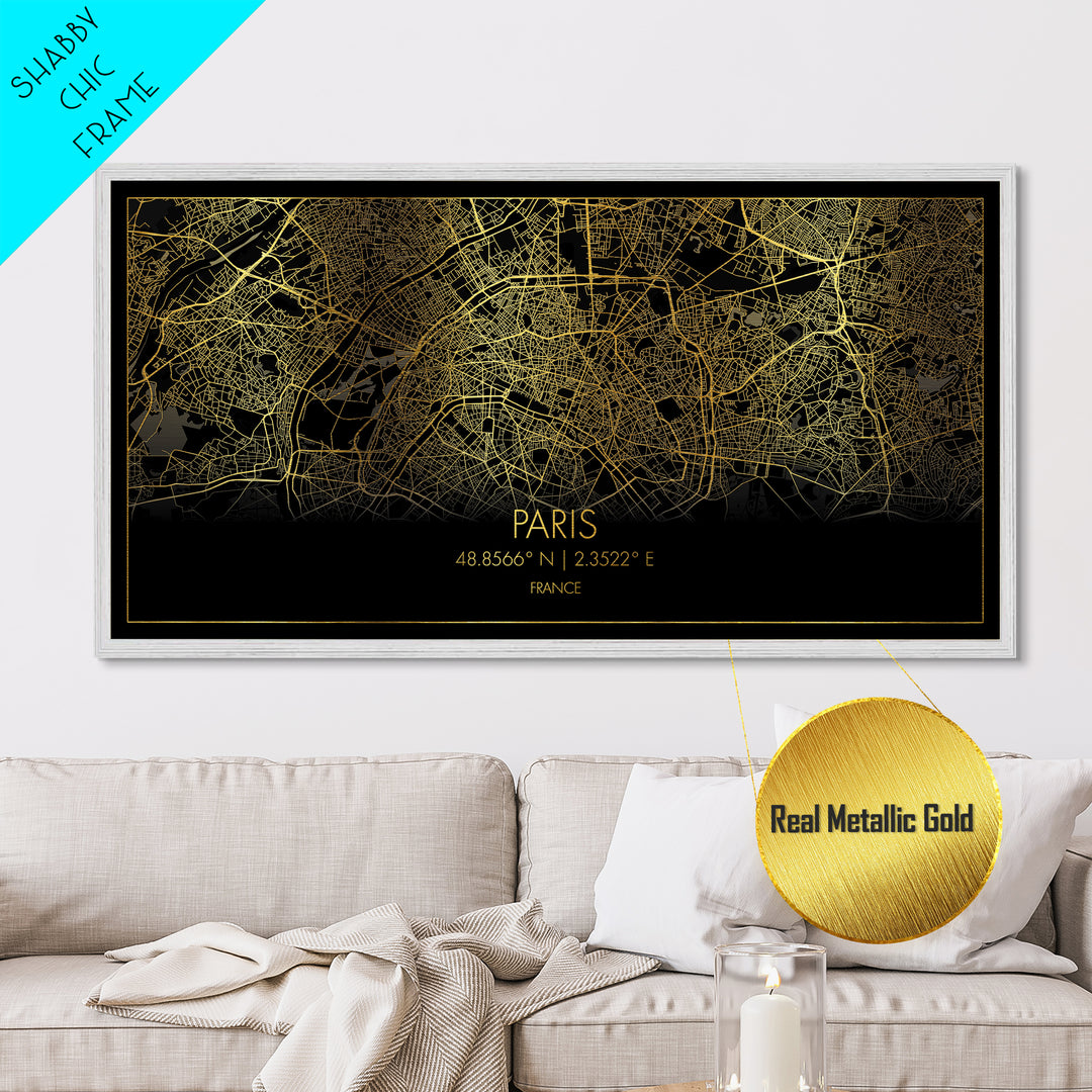 Paris France City Poster, Metallic Gold Art, Metal Art, real wood frames, black and gold, Street Map Wall Art, Gold Street Map Art