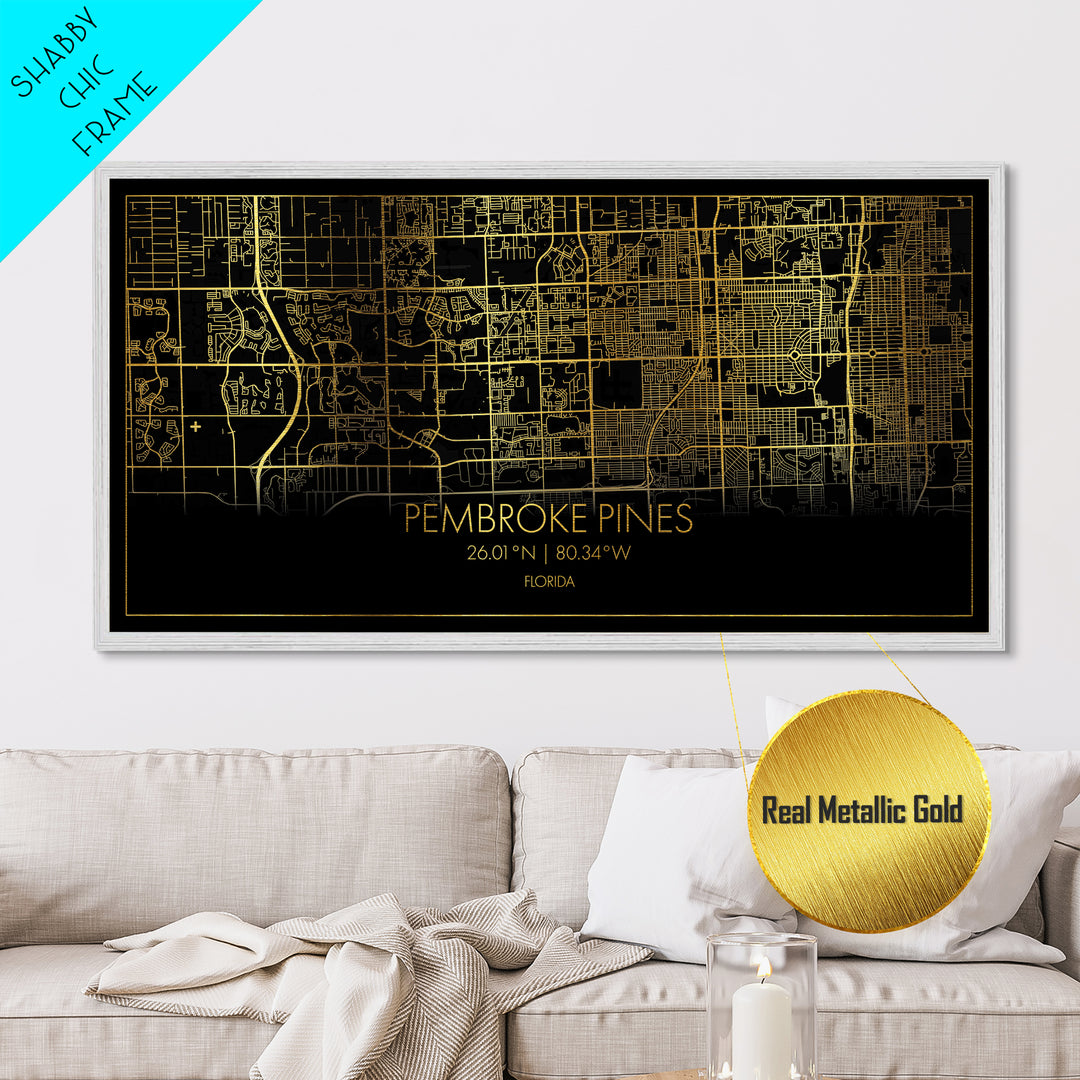 Pembroke Pines Florida City street map, Metallic Gold Print, Metal Art, wood framed map, black and gold, Street Map Art, Best Friend Gifts