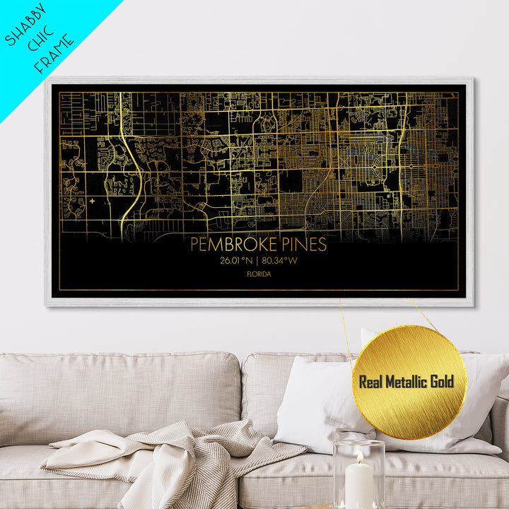Pembroke Pines Florida City street map, Metallic Gold Print, Metal Art, wood framed map, black and gold, Street Map Art, Best Friend Gifts