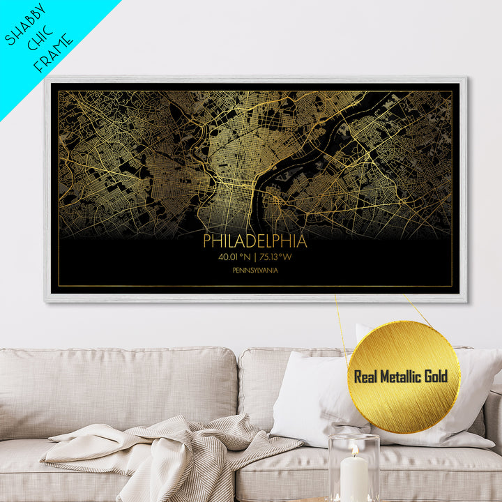Philadelphia Pennsylvania City street map, Metallic Gold Print, Metal Art, wood framed map, black and gold, Street Map Art, Housewarming Gift