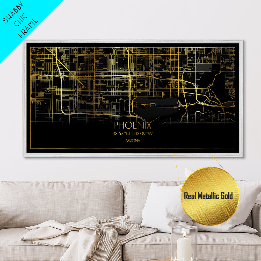 Phoenix Arizona City Poster, Metallic Gold Art, Metal Art, real wood frames, black and gold, Street Map Wall Art, Minimalist Wall Art