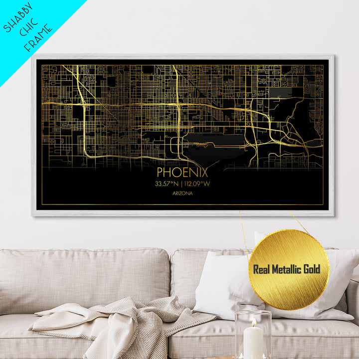 Phoenix Arizona City Poster, Metallic Gold Art, Metal Art, real wood frames, black and gold, Street Map Wall Art, Minimalist Wall Art