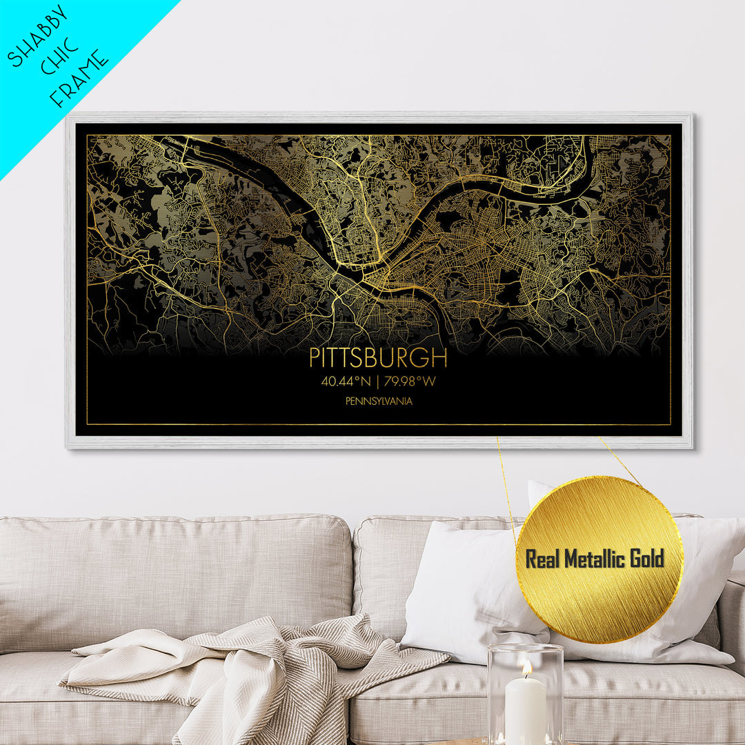 Pittsburgh Pennsylvania City street map, Metallic Gold Print, Metal Art, wood framed map, black and gold, Street Map Art, Real Wood Frames