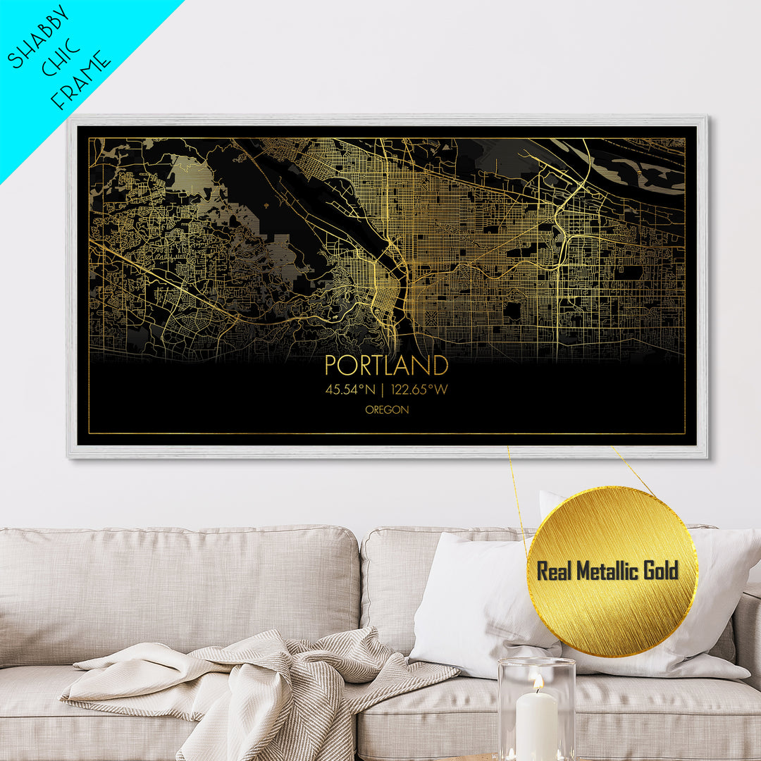 Portland Oregon City street map, Metallic Gold Print, Metal Art, wood framed map, black and gold, Street Map Art, Travel Poster