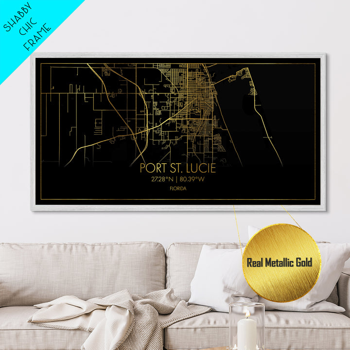 Port St. Lucie Florida City Poster, Metallic Gold Art, Metal Art, real wood frames, black and gold, Street Map Wall Art, Housewarming Gift