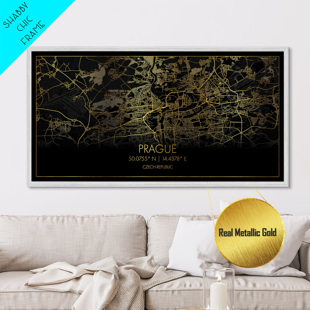 Prague Czech Republic City street map, Metallic Gold Print, Metal Art, wood framed map, black and gold, Street Map Art, Travel Poster
