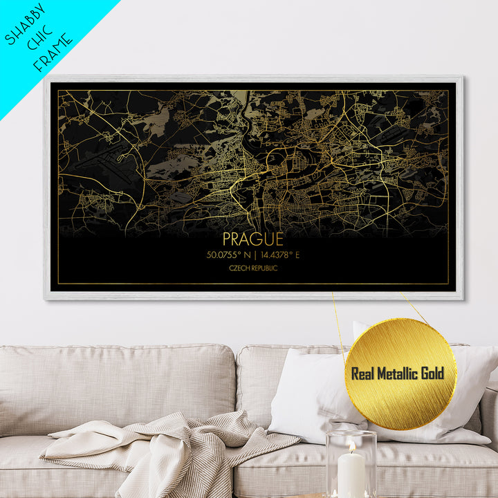Prague Czech Republic City street map, Metallic Gold Print, Metal Art, wood framed map, black and gold, Street Map Art, Travel Poster