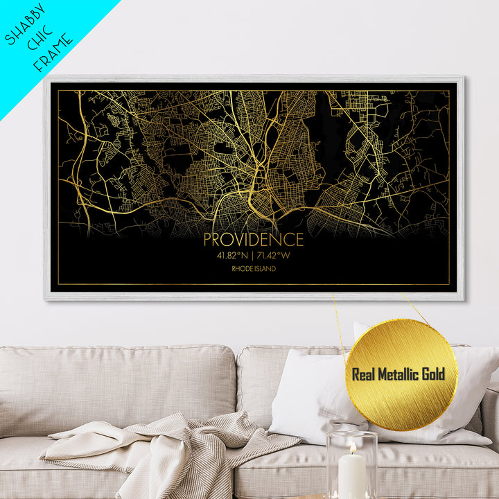 Providence Rhode Island City Poster, Metallic Gold Art, Metal Art, real wood frames, black and gold, Street Map Wall Art, Modern House Art