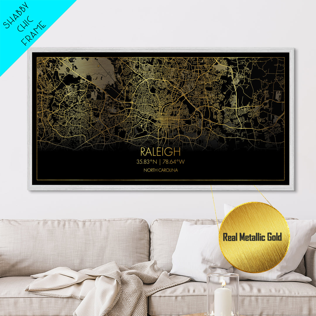 Raleigh North Carolina City street map, Metallic Gold Print, Metal Art, wood framed map, black and gold, Street Map Art, Minimalist Wall Art