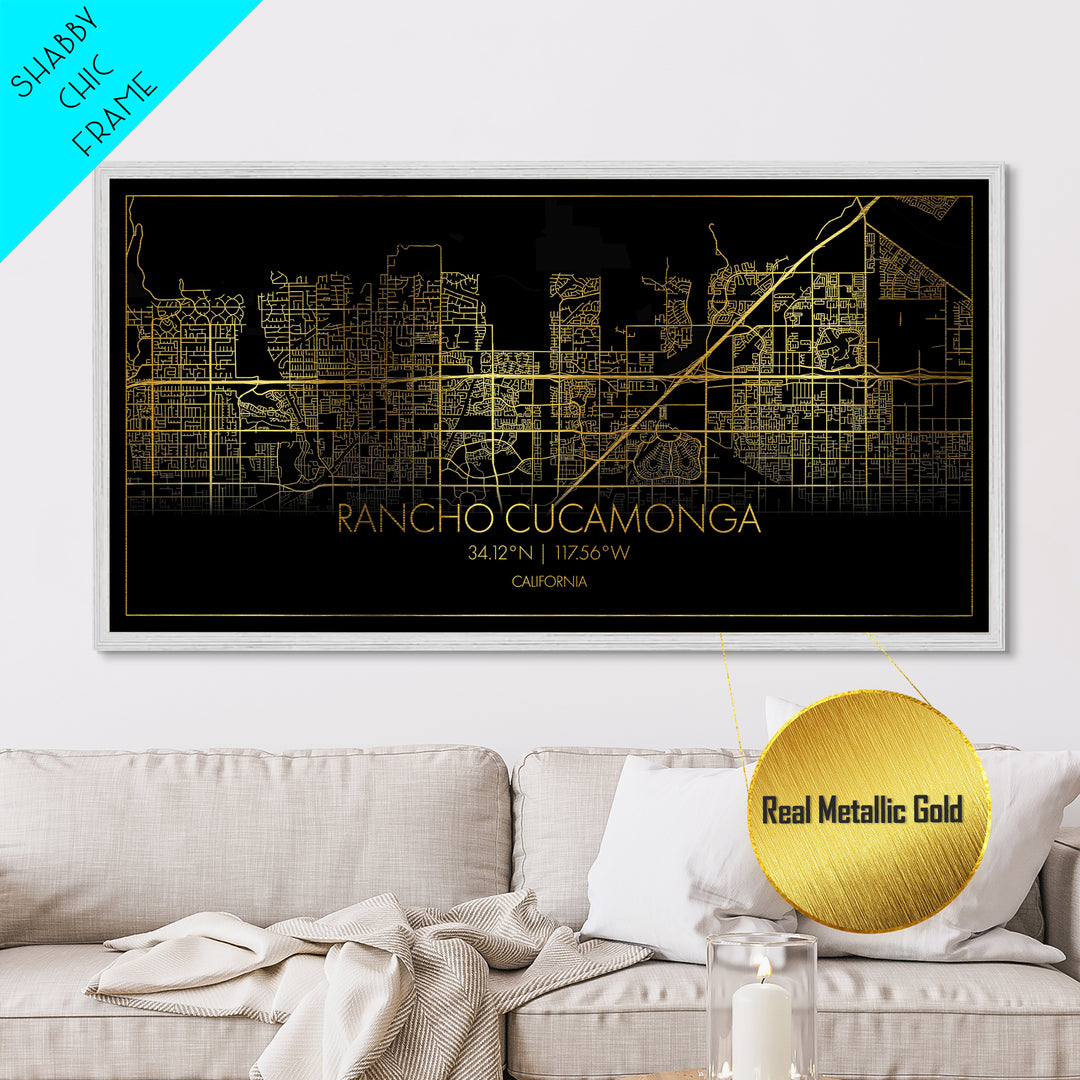 Rancho Cucamonga California City Poster, Metallic Gold Art, Metal Art, real wood frames, black and gold, Street Map Wall Art, College Dorm Décor
