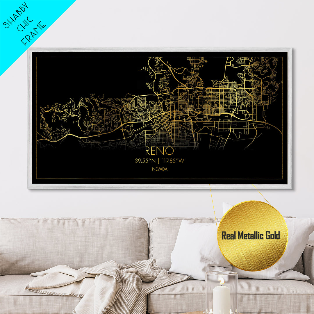Reno Nevada City street map, Metallic Gold Print, Metal Art, wood framed map, black and gold, Street Map Art, Office Decor
