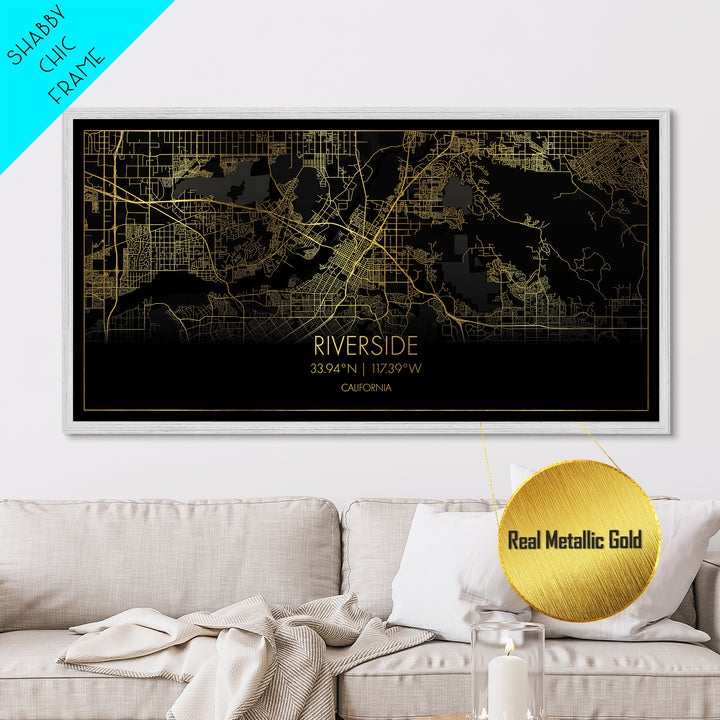 Riverside California City street map, Metallic Gold Print, Metal Art, wood framed map, black and gold, Street Map Art, Real Wood Frames