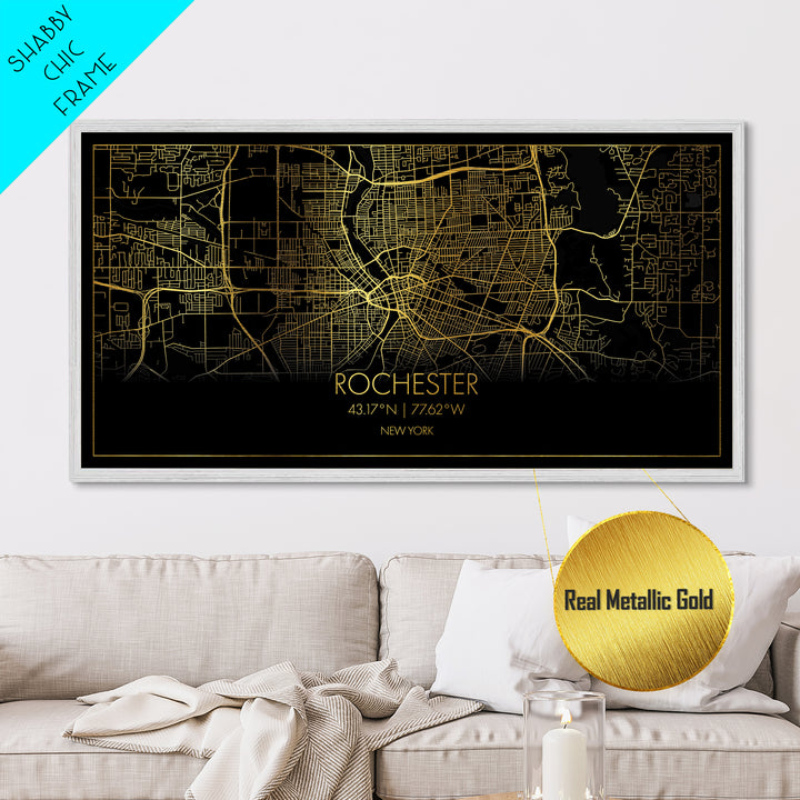 Rochester New York City Poster, Metallic Gold Art, Metal Art, real wood frames, black and gold, Street Map Wall Art, Gold Street Map Art