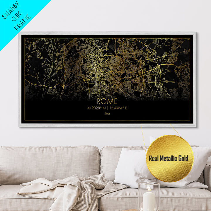Rome Italy City street map, Metallic Gold Print, Metal Art, wood framed map, black and gold, Street Map Art, Modern Wall Art